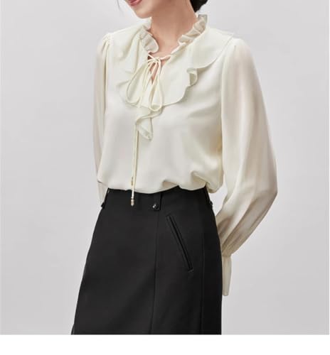 Blusa de gasa con cuello con volantes y cordones para mujer, blusa de manga larga acampanada, Albaricoque beige, M