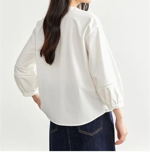 Blusas rectas bordadas de retazos para mujer, cuello en V, manga abombada de tres cuartos, Blusa blanca, XL