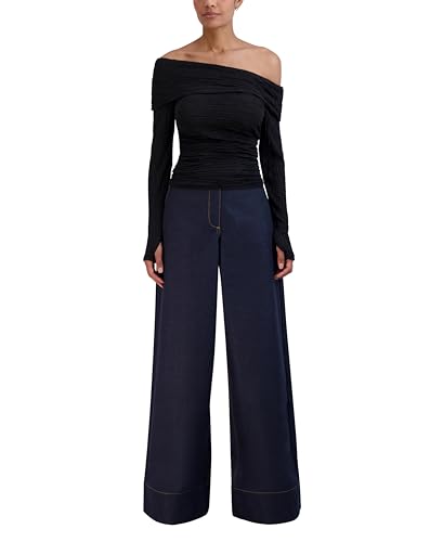 BCBGMAXAZRIA Top asimétrico de Manga Larga para Mujer con Hombros Descubiertos, Negro, L