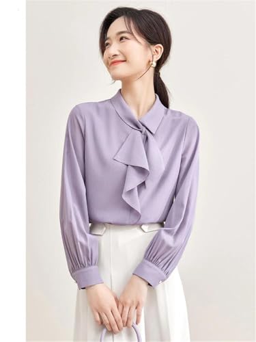 Blusa de trabajo de gasa con cuello de lazo para mujer, manga larga, color liso, Morado (, S