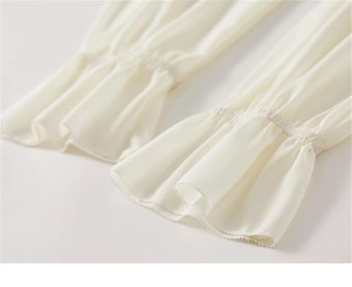 Blusa de gasa con cuello con volantes y cordones para mujer, blusa de manga larga acampanada, Albaricoque beige, M