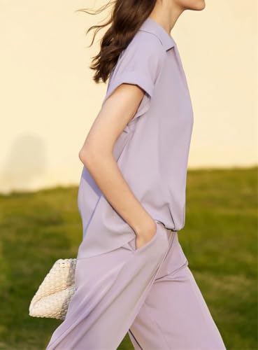 Blusa de gasa para mujer, cuello invertido, cuello en V, manga corta, formal, elegante, violeta, S
