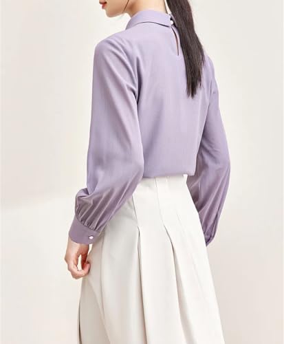 Blusa de trabajo de gasa con cuello de lazo para mujer, manga larga, color liso, Morado (, S