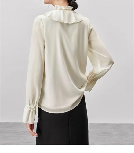 Blusa de gasa con cuello con volantes y cordones para mujer, blusa de manga larga acampanada, Albaricoque beige, M