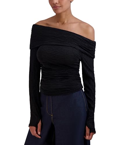 BCBGMAXAZRIA Top asimétrico de Manga Larga para Mujer con Hombros Descubiertos, Negro, L