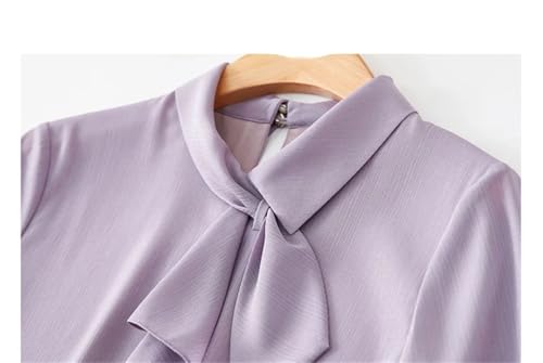 Blusa de trabajo de gasa con cuello de lazo para mujer, manga larga, color liso, Morado (, S