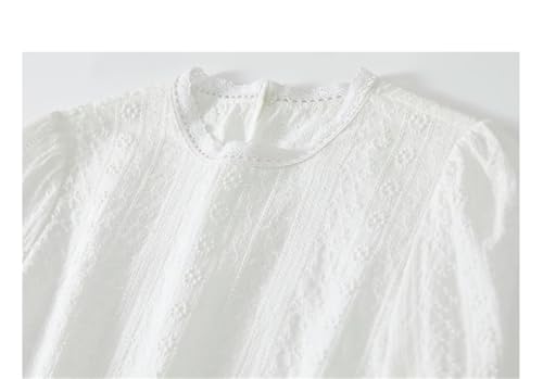 Blusa de gasa de algodón con estampado de encaje para mujer, cuello redondo, manga larga, color liso, blanco, S
