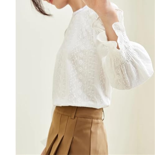 Blusa de gasa de algodón con estampado de encaje para mujer, cuello redondo, manga larga, color liso, blanco, S
