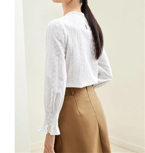 Blusa de gasa de algodón con estampado de encaje para mujer, cuello redondo, manga larga, color liso, blanco, S