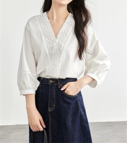 Blusas rectas bordadas de retazos para mujer, cuello en V, manga abombada de tres cuartos, Blusa blanca, XL