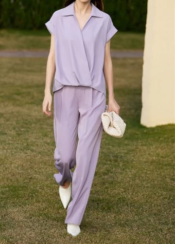 Blusa de gasa para mujer, cuello invertido, cuello en V, manga corta, formal, elegante, violeta, S