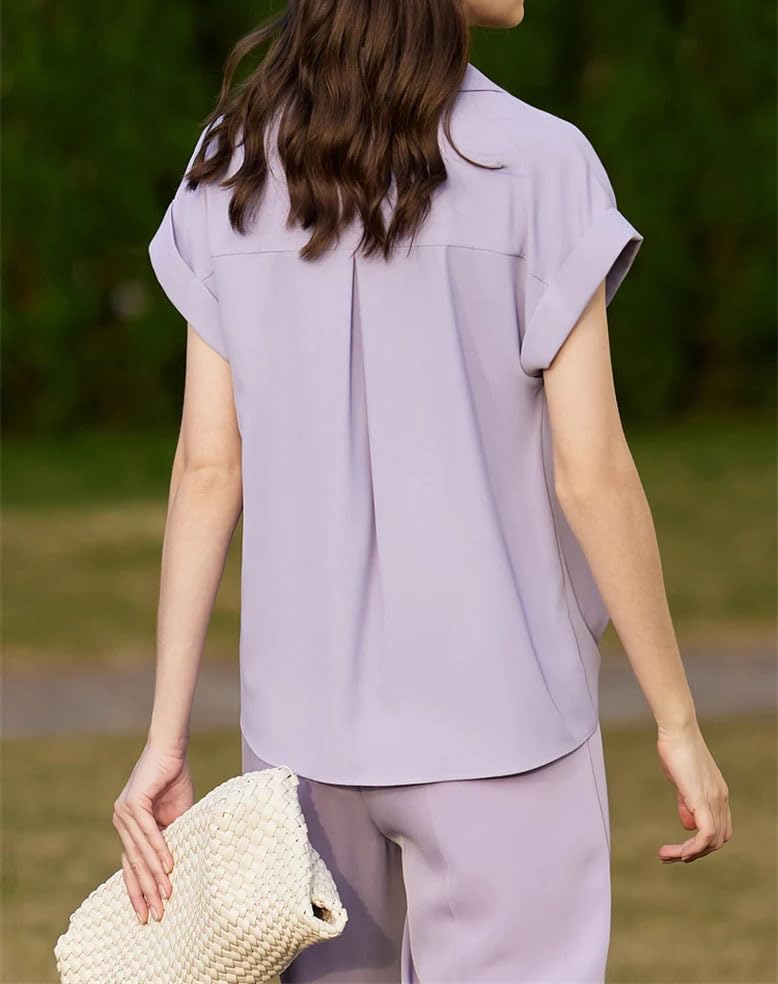 Blusa de gasa para mujer, cuello invertido, cuello en V, manga corta, formal, elegante, violeta, S