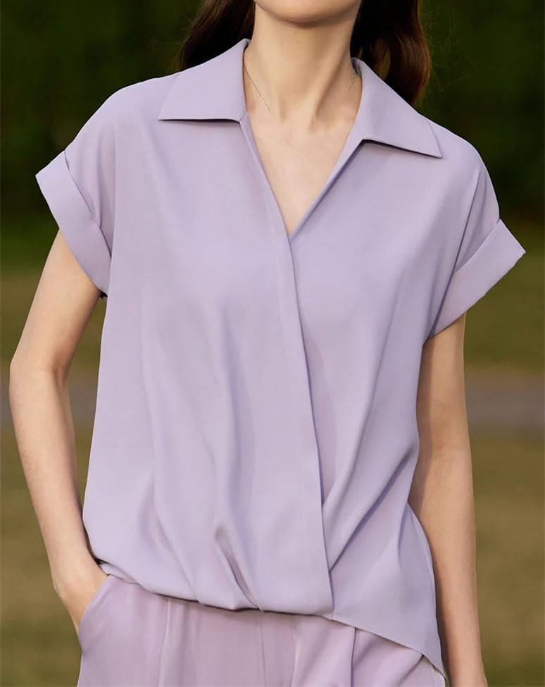 Blusa de gasa para mujer, cuello invertido, cuello en V, manga corta, formal, elegante, violeta, S