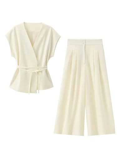 Conjunto de chaleco con cinturón y pantalones plisados para mujer, traje de pierna ancha, Top beige, 3XS