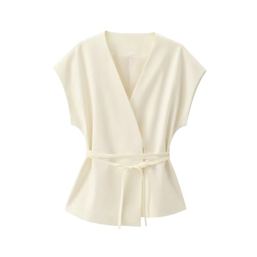 Conjunto de chaleco con cinturón y pantalones plisados para mujer, traje de pierna ancha, Top beige, 3XS