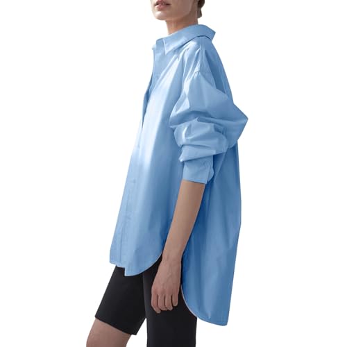 Túnica de verano para mujer, con cuello en V, con botones, elegante, cuello de solapa, parte superior, ligera, monocolor, blusa de manga larga, blusa larga suelta, blusas para mujer, azul, S