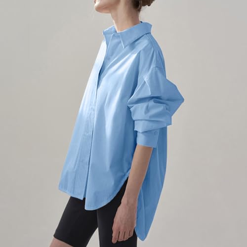 Túnica de verano para mujer, con cuello en V, con botones, elegante, cuello de solapa, parte superior, ligera, monocolor, blusa de manga larga, blusa larga suelta, blusas para mujer, azul, S