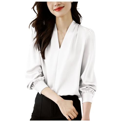 Blusa de trabajo para mujer de manga larga, camiseta de mujer con cuello en V de satén color sólido elegante y elegante, cómoda de corte holgado, camisa informal pasillo-tope temperamento maduro