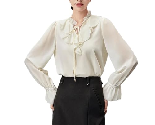 Blusa de gasa con cuello con volantes y cordones para mujer, blusa de manga larga acampanada, Albaricoque beige, M