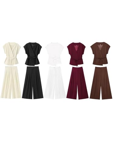 Conjunto de chaleco con cinturón y pantalones plisados para mujer, traje de pierna ancha, Top beige, 3XS