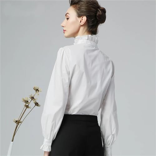 Camisa Blanca para Mujer, Cuello Levantado con Volantes, Manga Larga, Camisa De Algodón con Botones, Camisa De Oficina Holgada De Talla Grande