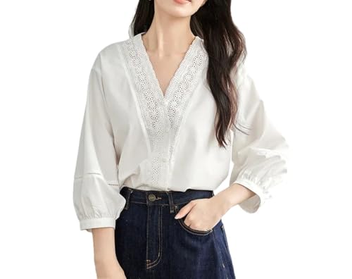 Blusas rectas bordadas de retazos para mujer, cuello en V, manga abombada de tres cuartos, Blusa blanca, XL