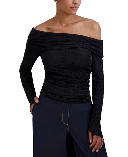 BCBGMAXAZRIA Top asimétrico de Manga Larga para Mujer con Hombros Descubiertos, Negro, L