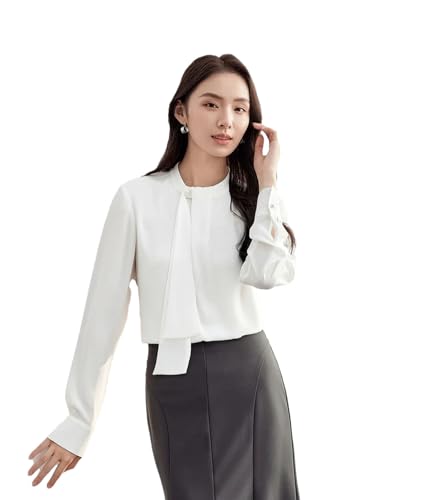 Blusa de gasa para mujer, con lazo, suelta, cuello alto, camisetas sin botones, camisas de oficina y trabajo, Blusa beige, L