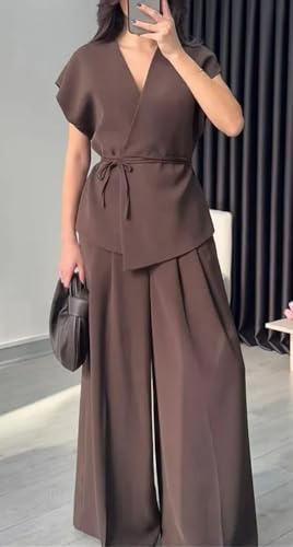 Conjunto de chaleco con cinturón y pantalones plisados para mujer, traje de pierna ancha, Top beige, 3XS