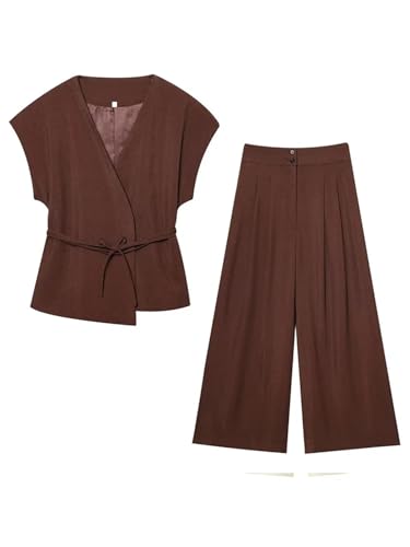 Conjunto de chaleco con cinturón y pantalones plisados para mujer, traje de pierna ancha, Top beige, 3XS