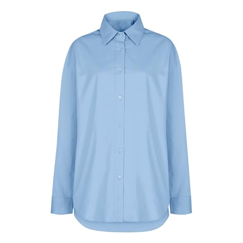 Túnica de verano para mujer, con cuello en V, con botones, elegante, cuello de solapa, parte superior, ligera, monocolor, blusa de manga larga, blusa larga suelta, blusas para mujer, azul, S