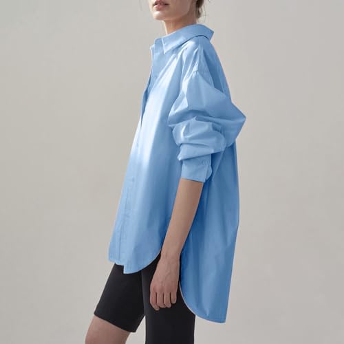 Túnica de verano para mujer, con cuello en V, con botones, elegante, cuello de solapa, parte superior, ligera, monocolor, blusa de manga larga, blusa larga suelta, blusas para mujer, azul, S