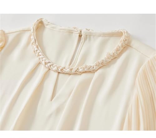 Blusa hueca de gasa para mujer, cuello redondo, manga larga, color liso, Albaricoque beige, M