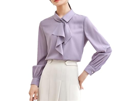 Blusa de trabajo de gasa con cuello de lazo para mujer, manga larga, color liso, Morado (, S