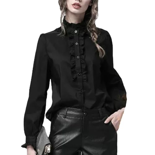 Camisa Blanca para Mujer, Cuello Levantado con Volantes, Manga Larga, Camisa De Algodón con Botones, Camisa De Oficina Holgada De Talla Grande