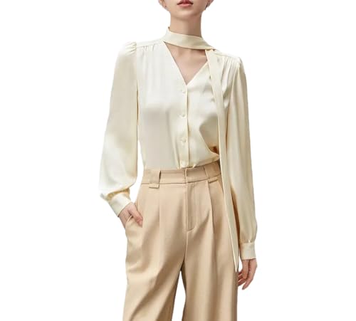 Blusa formal de manga larga con cuello en V para mujer, cuello con cordones, para negocios, trabajo, Blusa albaricoque, M