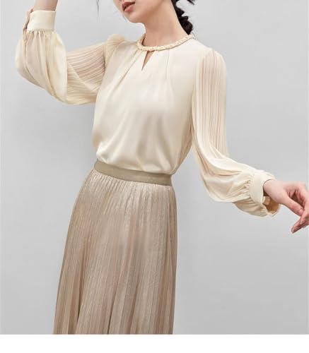 Blusa hueca de gasa para mujer, cuello redondo, manga larga, color liso, Albaricoque beige, M