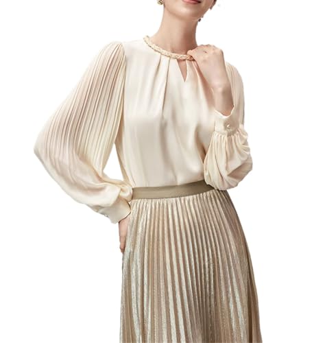 Blusa hueca de gasa para mujer, cuello redondo, manga larga, color liso, Albaricoque beige, M