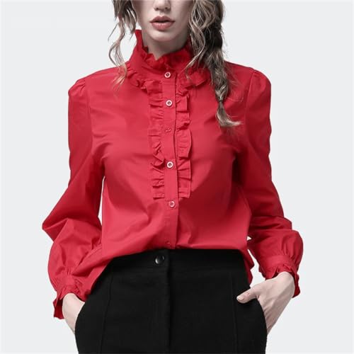 Camisa Blanca para Mujer, Cuello Levantado con Volantes, Manga Larga, Camisa De Algodón con Botones, Camisa De Oficina Holgada De Talla Grande