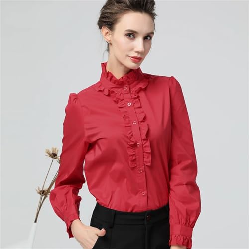 Camisa Blanca para Mujer, Cuello Levantado con Volantes, Manga Larga, Camisa De Algodón con Botones, Camisa De Oficina Holgada De Talla Grande