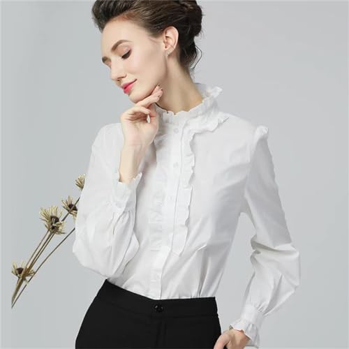 Camisa Blanca para Mujer, Cuello Levantado con Volantes, Manga Larga, Camisa De Algodón con Botones, Camisa De Oficina Holgada De Talla Grande
