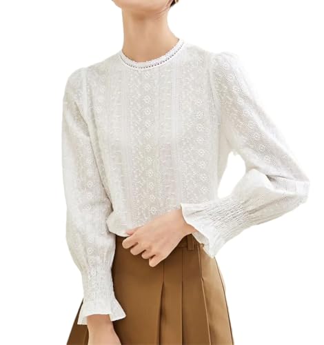 Blusa de gasa de algodón con estampado de encaje para mujer, cuello redondo, manga larga, color liso, blanco, S