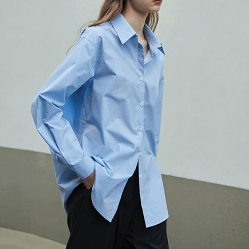 Túnica de verano para mujer, con cuello en V, con botones, elegante, cuello de solapa, parte superior, ligera, monocolor, blusa de manga larga, blusa larga suelta, blusas para mujer, azul, S
