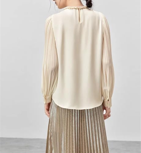 Blusa hueca de gasa para mujer, cuello redondo, manga larga, color liso, Albaricoque beige, M