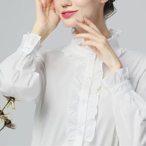 Camisa Blanca para Mujer, Cuello Levantado con Volantes, Manga Larga, Camisa De Algodón con Botones, Camisa De Oficina Holgada De Talla Grande