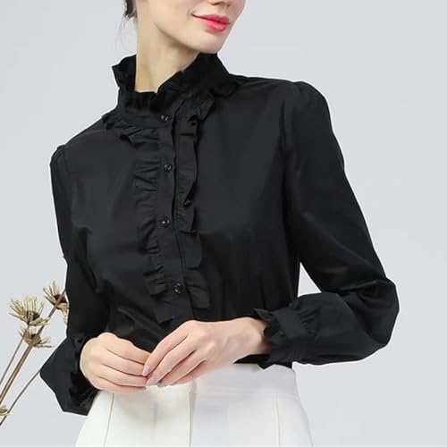 Camisa Blanca para Mujer, Cuello Levantado con Volantes, Manga Larga, Camisa De Algodón con Botones, Camisa De Oficina Holgada De Talla Grande