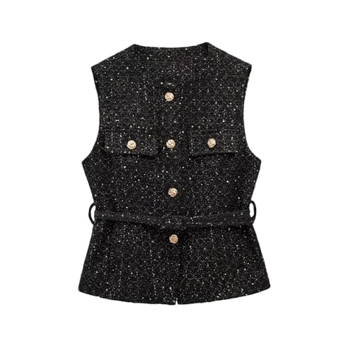 Chaleco texturizado de un solo pecho para mujer, blusa casual con bolsillos, Negro, XXS