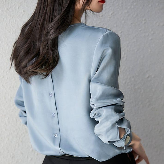 Generic Impresionante top de seda de morera de crepé pesado de un solo pecho - blusa de seda de cuello redondo (azul mate M)
