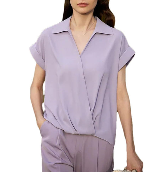 Blusa de gasa para mujer, cuello invertido, cuello en V, manga corta, formal, elegante, violeta, S