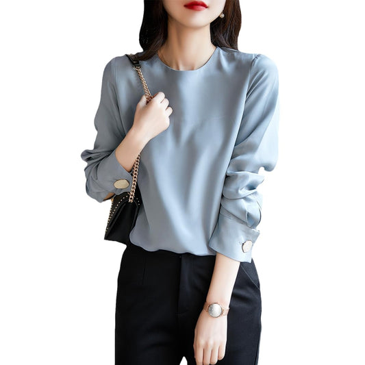 Generic Impresionante top de seda de morera de crepé pesado de un solo pecho - blusa de seda de cuello redondo (azul mate M)